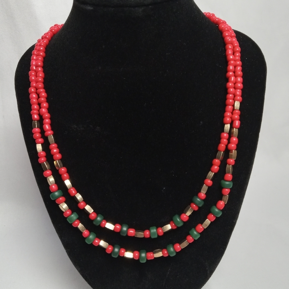 Hand Crafted Red and Green Beaded Necklace